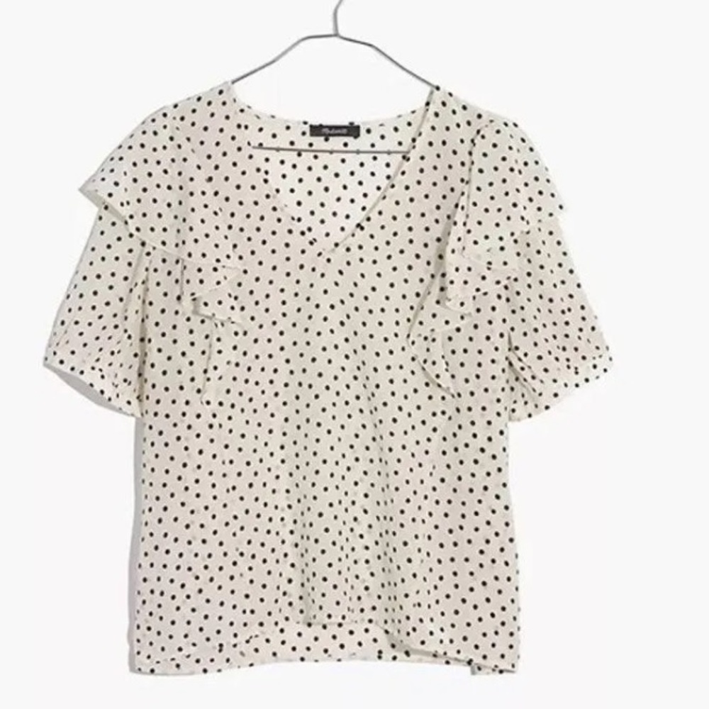 Madewell Silk V-Neck Shoulder-Ruffle Top in Inkbrush Dots